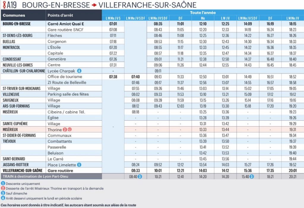 Bus Ligne A19 Bourg En Bresse – Villefranche Sur Saône