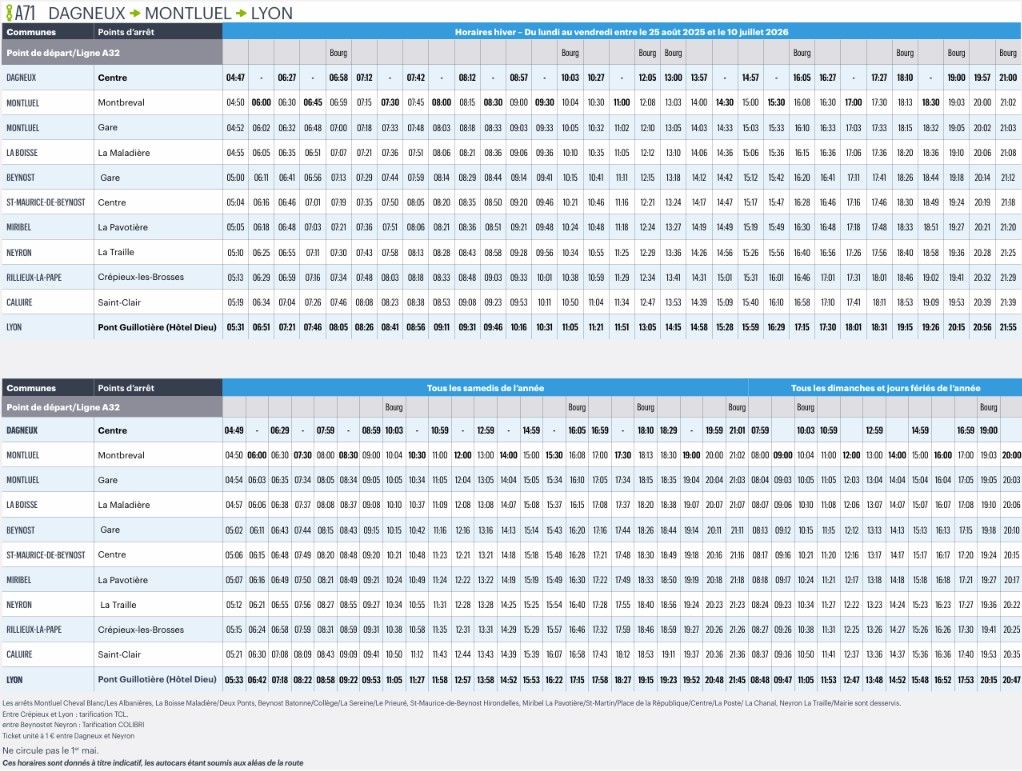 Horaires Cars Région de l’Ain Ligne A71 – Dagneux / Montluel / Lyon ...