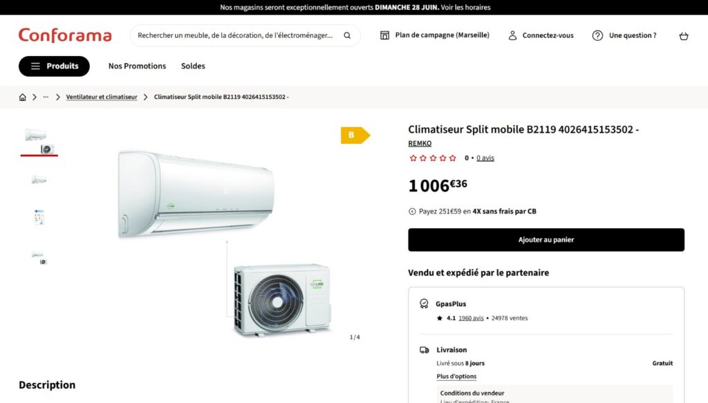 Climatiseur Split Mobile B2119 4026415153502, Conforama