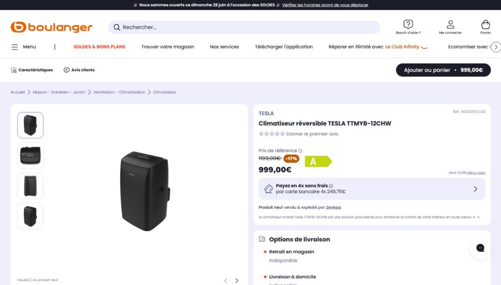 Climatiseur Réversible Tesla Ttmyb 12chw, Boulanger